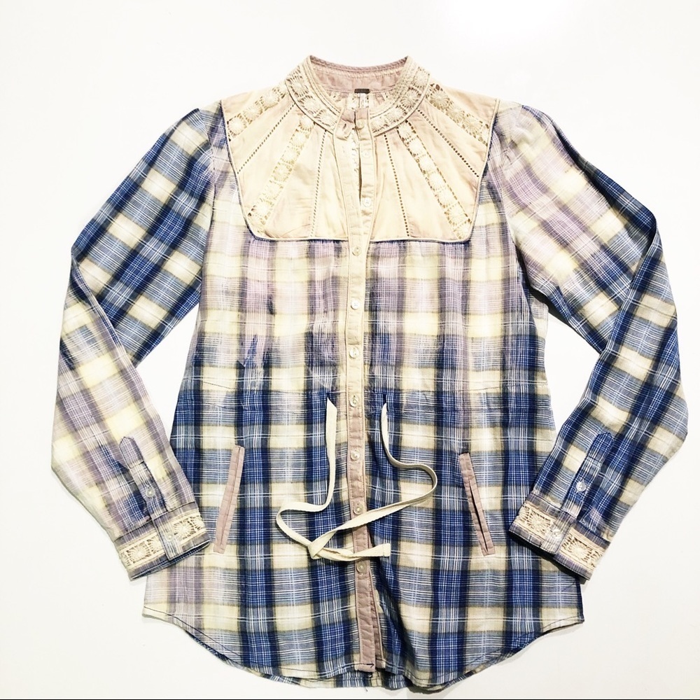 Free People Plaid Bleached Lace Eyelet Top